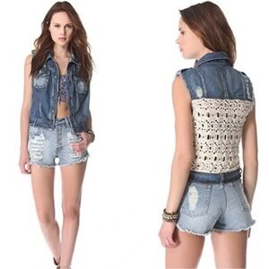 Free People Distressed Denim Crochet Vest size small